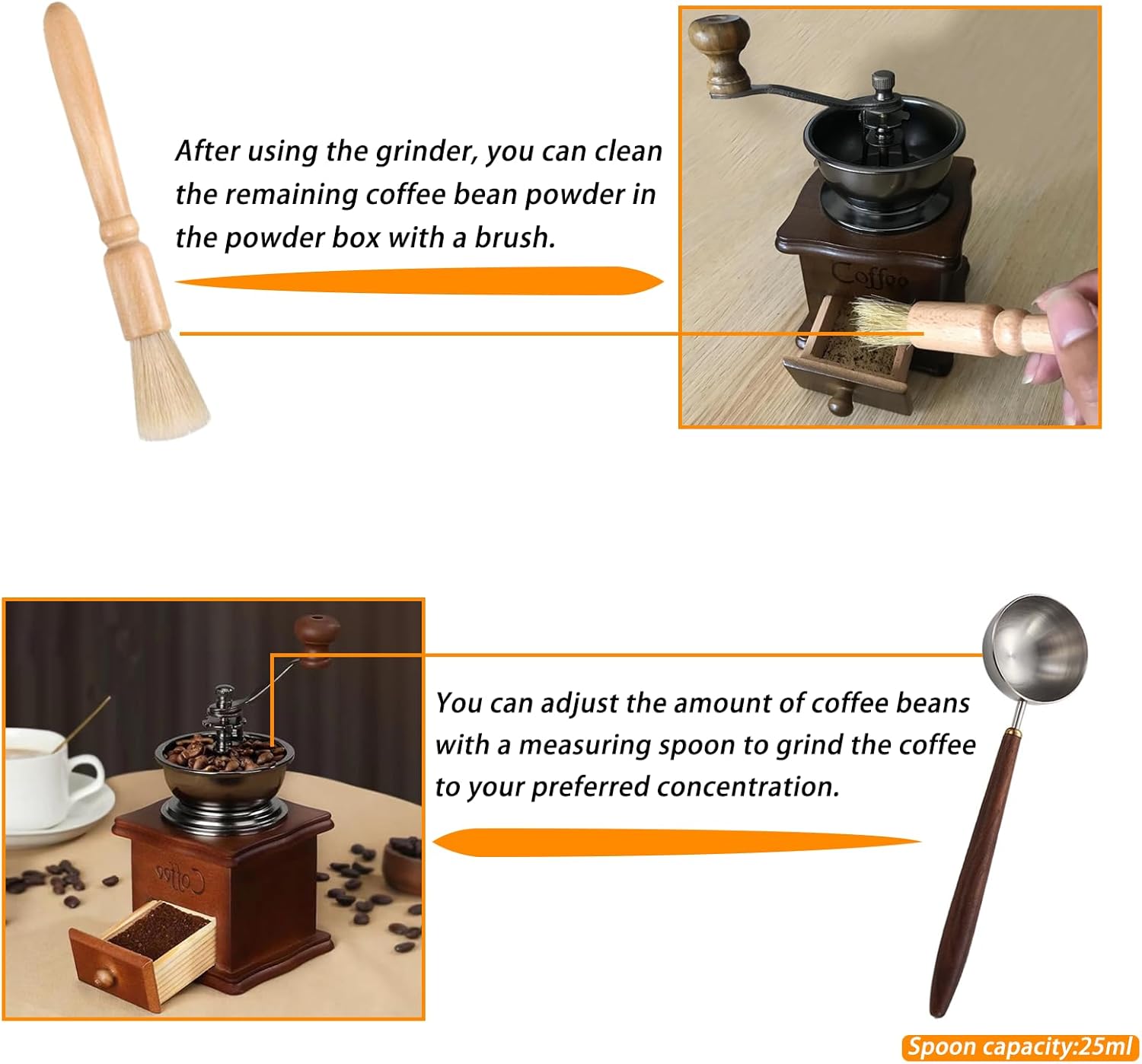 Retro style wooden handcrafted coffee grinder, ceramic hand-cranked crank, wooden handcrafted coffee grinder cleaning