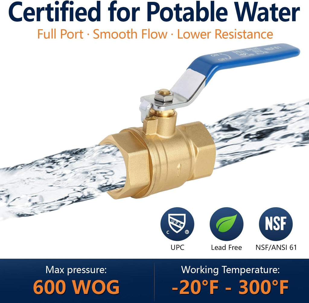 WiseWater 1" NPT Full Port Brass Ball Valve, UPC Certified, 1 Pc