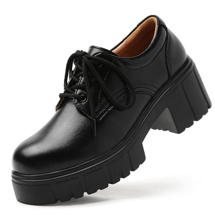 Platform Oxfords for Women Chunky Heel Lace-Up Black Leather Dress Shoes