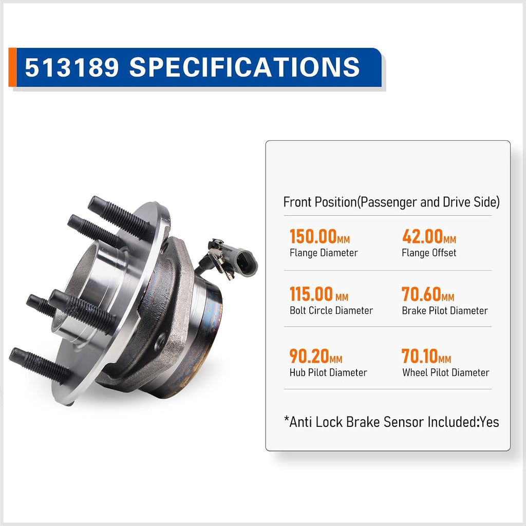PAROD Pair 513189 Front Wheel Bearing & Hub Assembly Compatible with 2005-2006 Chevy Equinox, 2006 Pontiac Torrent, 2002-2007 Saturn Vue 5 Lugs W/ABS