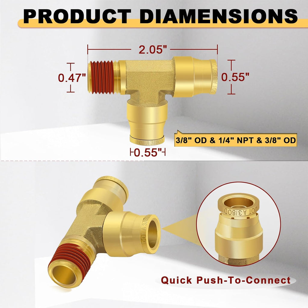 Siptenk 3/8" OD Tube x 1/4" Side NPT Thread Tee Brass Air Line Fittings