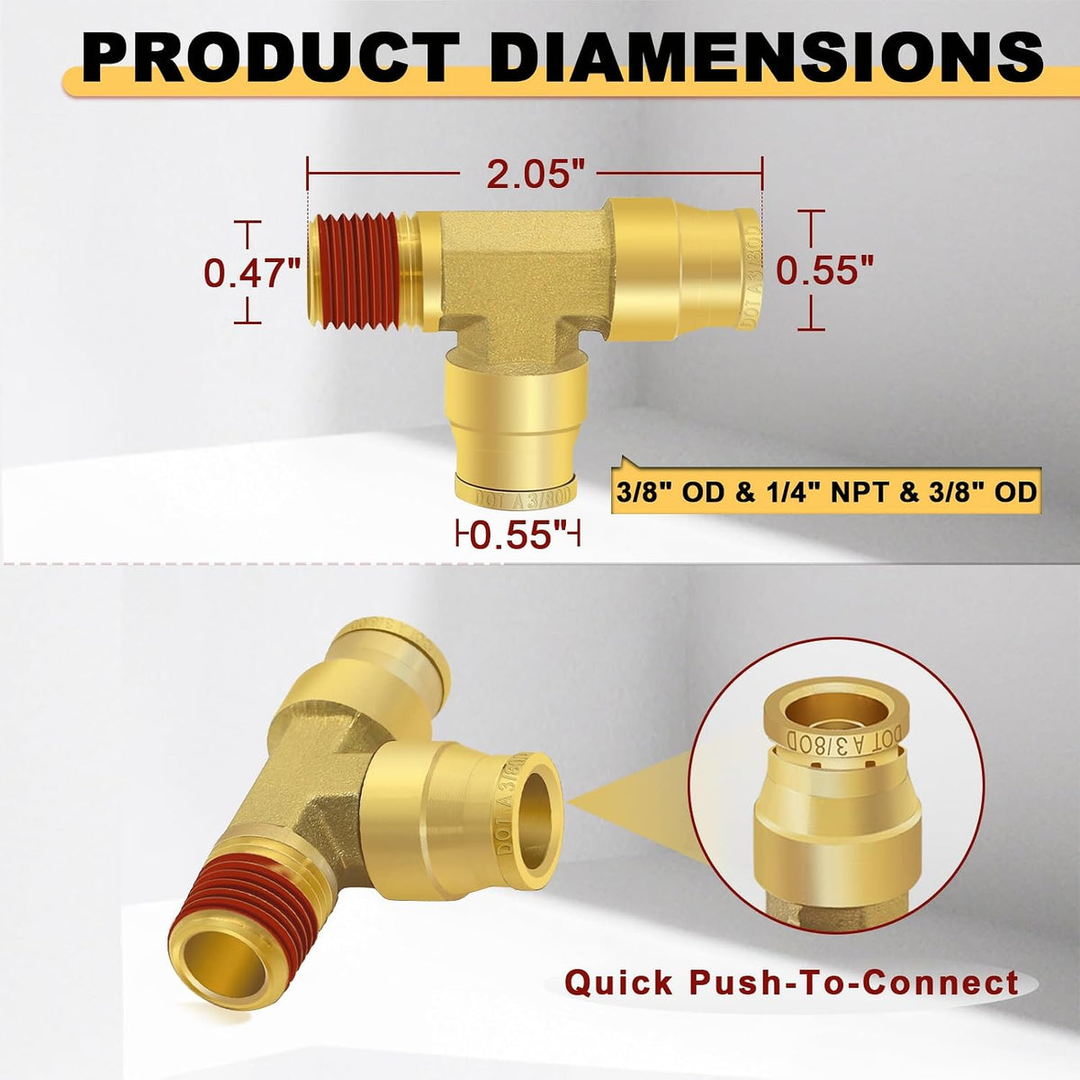 Siptenk 3/8" OD Tube x 1/4" Side NPT Thread Tee Brass Air Line Fittings
