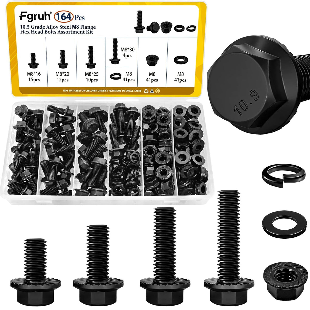 164PCS M8 Flange Hex Bolt Assortment Kit, M8-1.25 x 16/20/25/30 mm