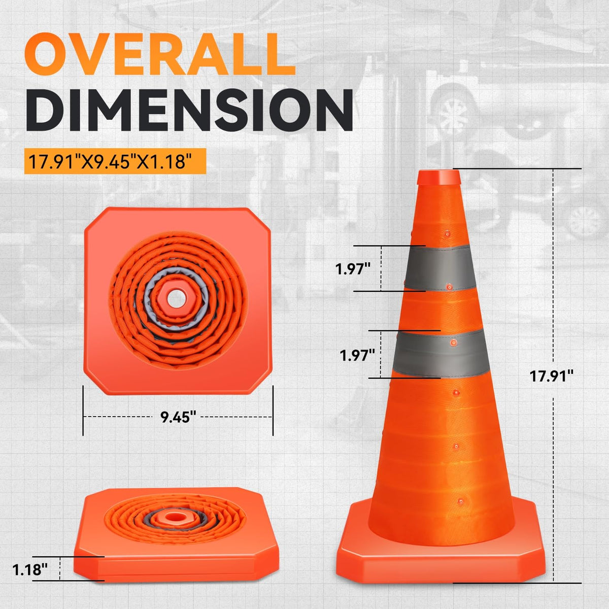 18" Collapsible Traffic Safety Cones, 2-Pack Reflective Orange