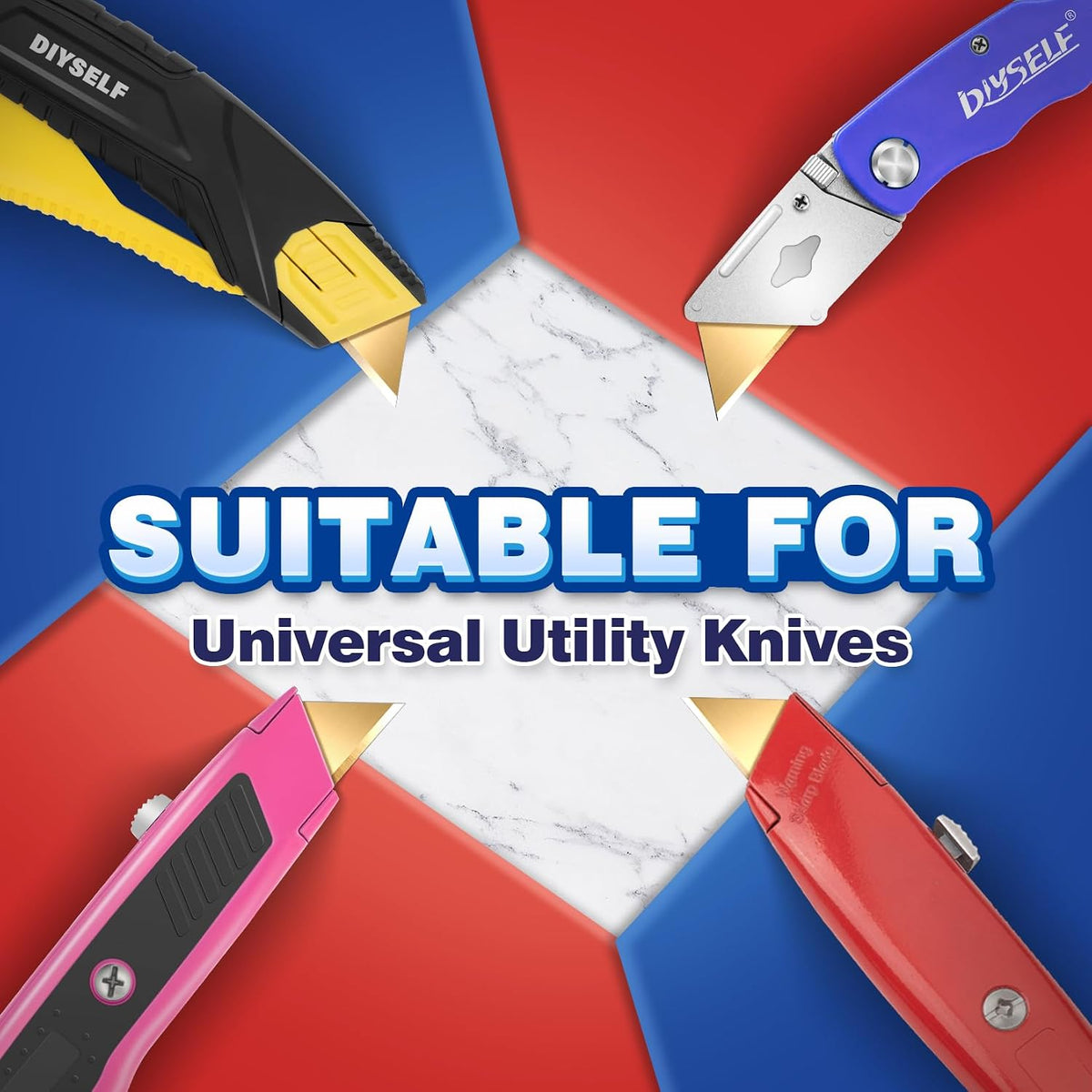 100 Pack Razor Blades, SK2 Steel Utility Knife Blade Refills, Gold