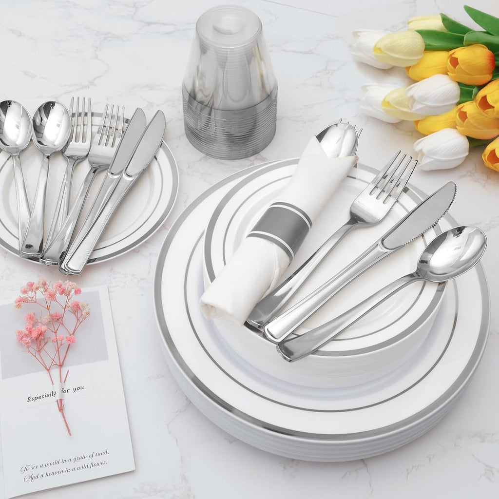350 Piece Silver Plastic Dinnerware Set for 50 Guests