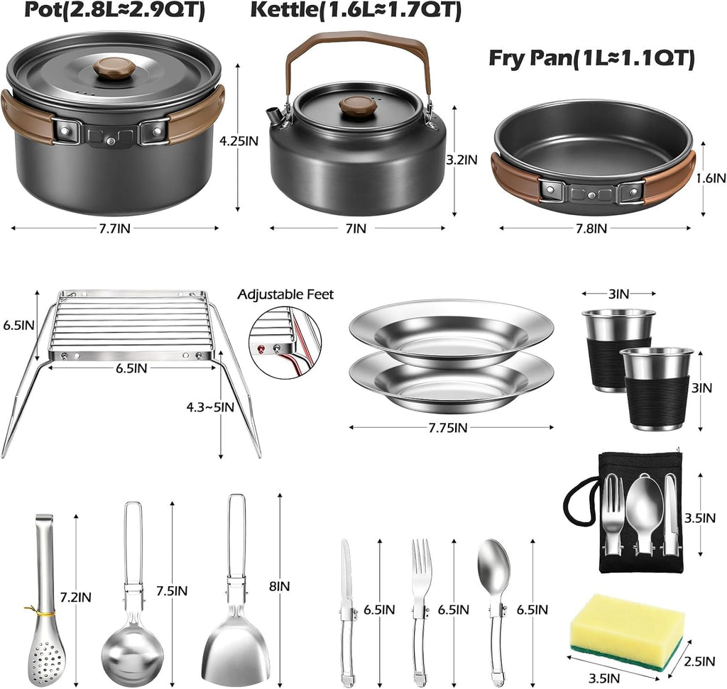 18PCS Camping Cookware Set, Camping Cooking Pot Pan Mess Kit | Camp Cooking Essentials Equipment Accessories with