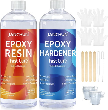 Crystal Clear Epoxy Resin Kit 16oz, Bubble-Free, Anti-Yellowing, Self Leveling Easy Mix 1:1 Coating and Casting Resin