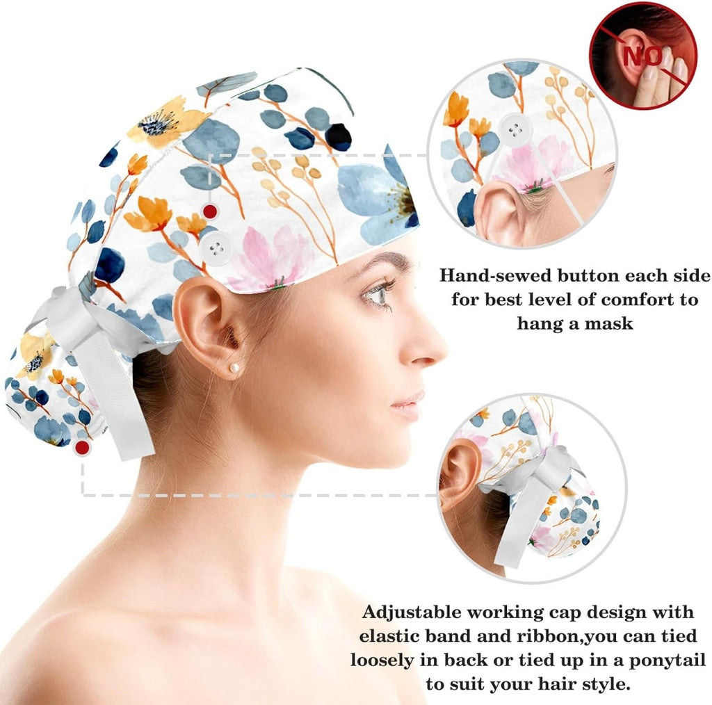 Floral Design Scrub Caps with Buttons Women Working Cap Adjustable Sweatband Bouffant Hats