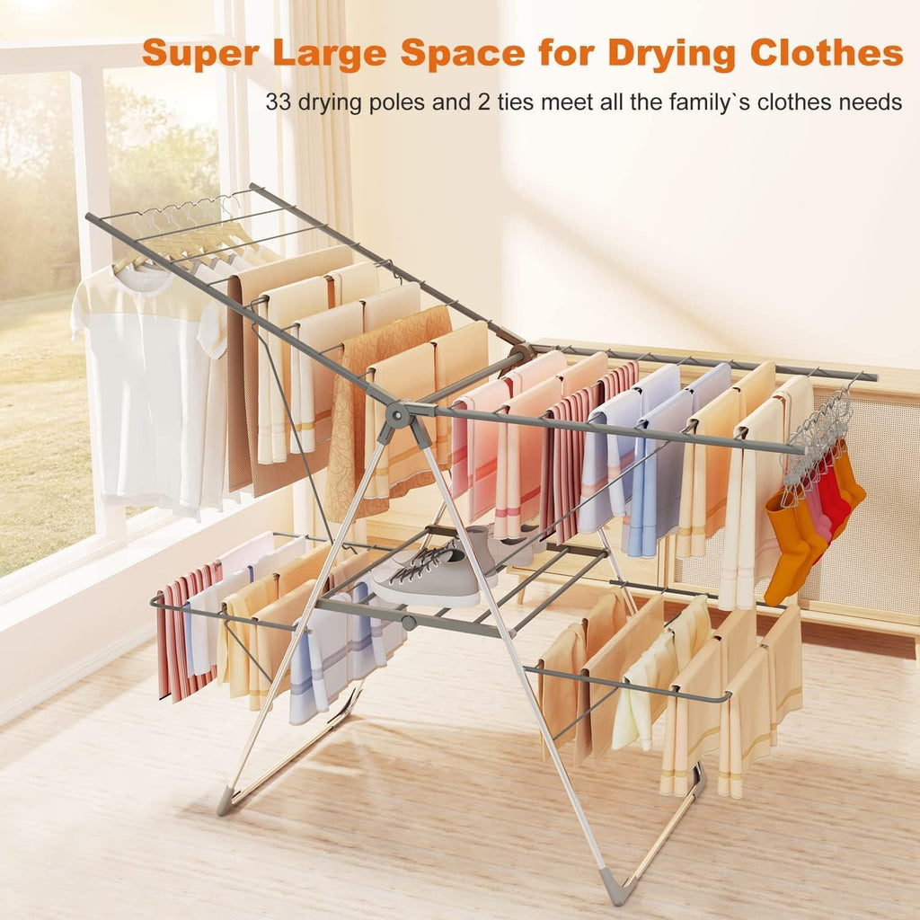 Clothes Drying Rack Foldable, 2-Level Large Laundry Drying Rack Collapsible, Stainless Steel Drying Rack Clothing for