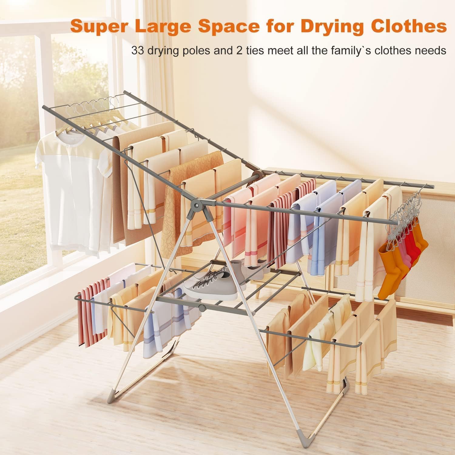 Clothes Drying Rack Foldable, 2-Level Large Laundry Drying Rack Collapsible, Stainless Steel Drying Rack Clothing for