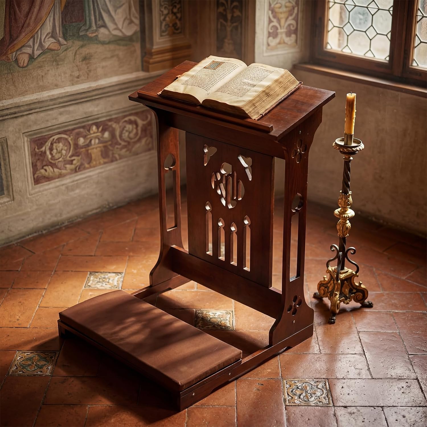 Florentine Prayer Bench Kneeler Church Prayer Bench Stool with Shelf and Cushion Prayers Kneeler for Home Church