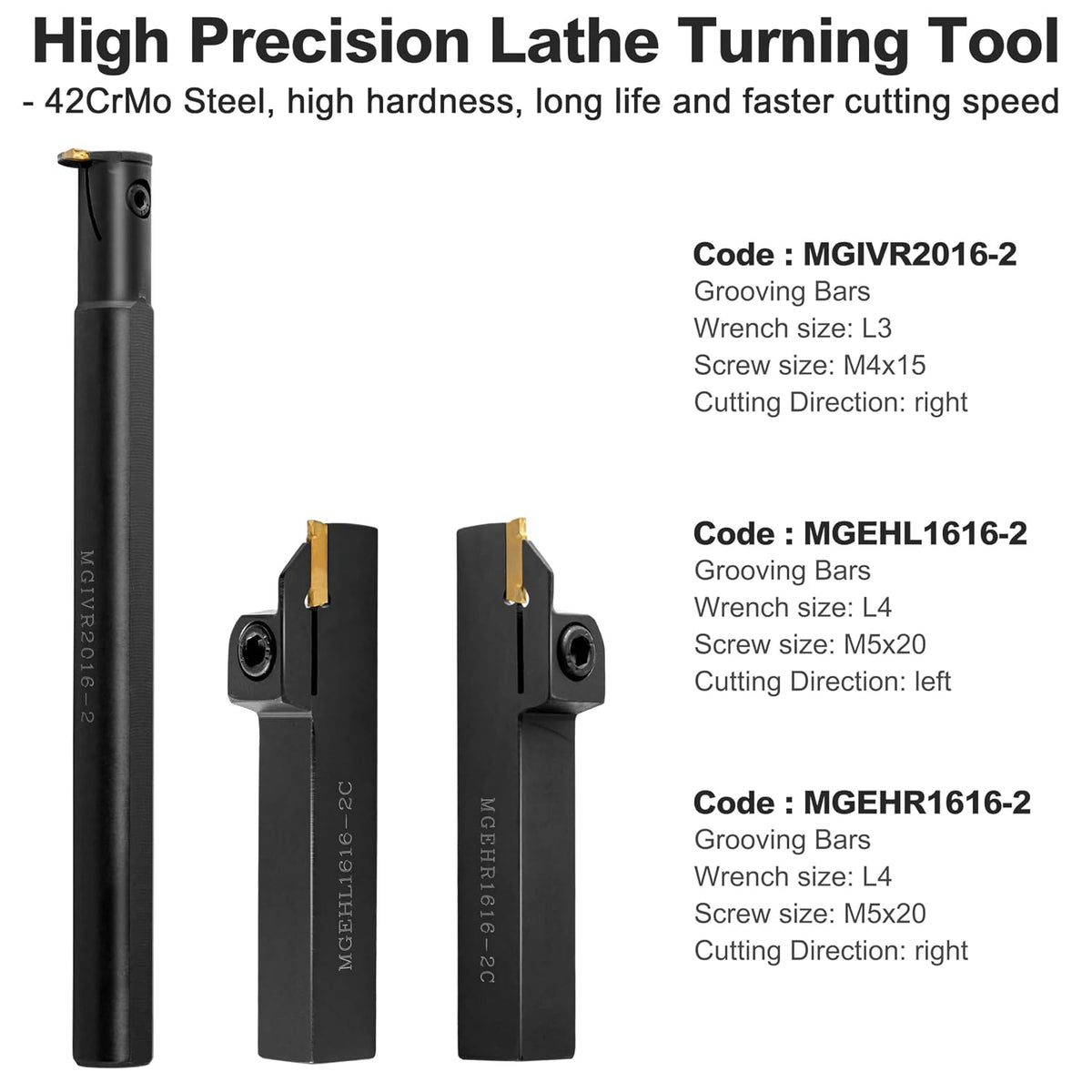5/8" Large Shank Lathe Grooving & Part-Off Set (3pcs), Internal & External Deep Grooving, 10pcs TiN Coated MGMN200 Inserts, Extra-Rigid Nitrided Stability