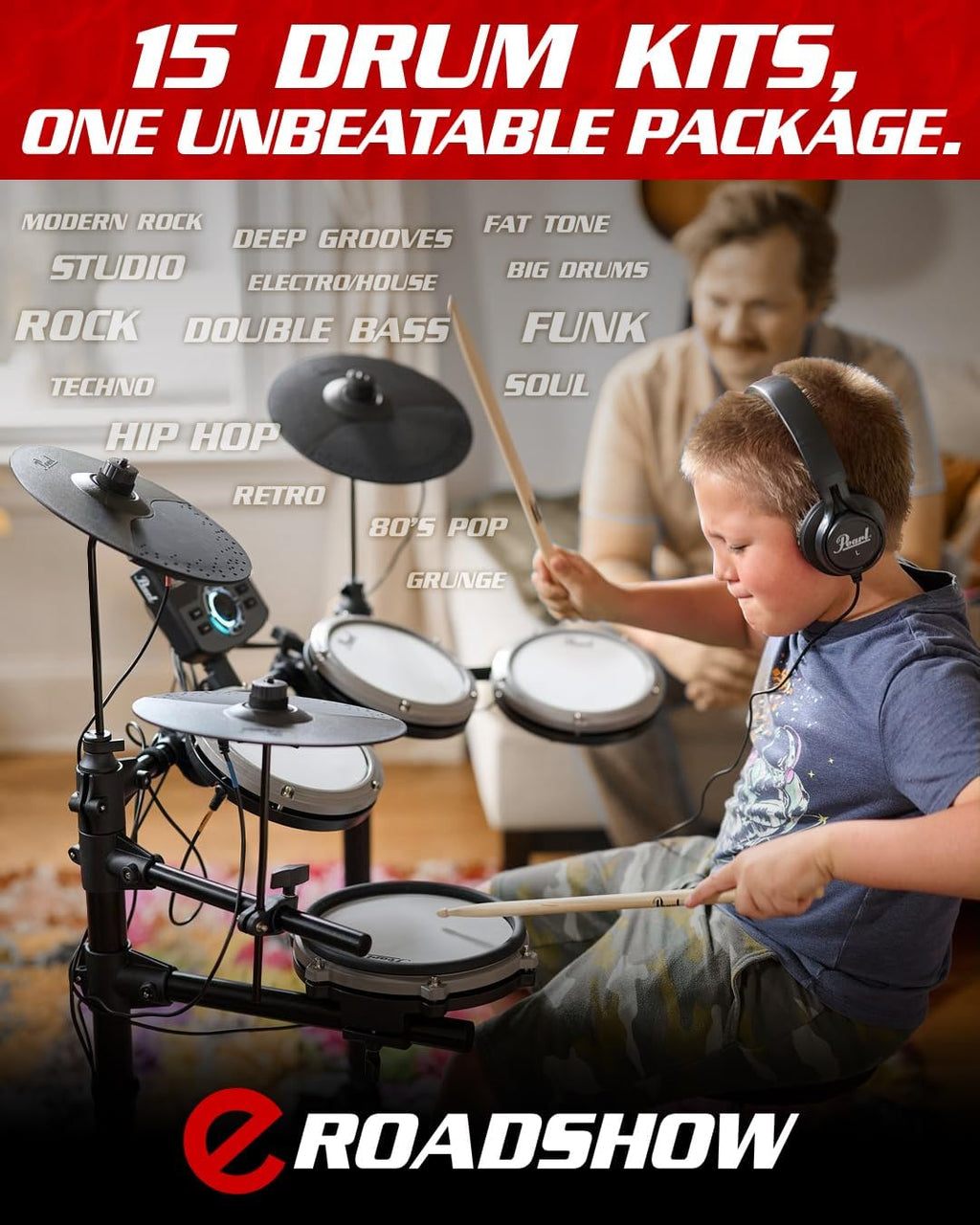 ERS1000 eRoadshow Electronic Drum Set, Complete Kit with Four Quiet Mesh Pads, Two Pedal Controllers, Cymbal Pads