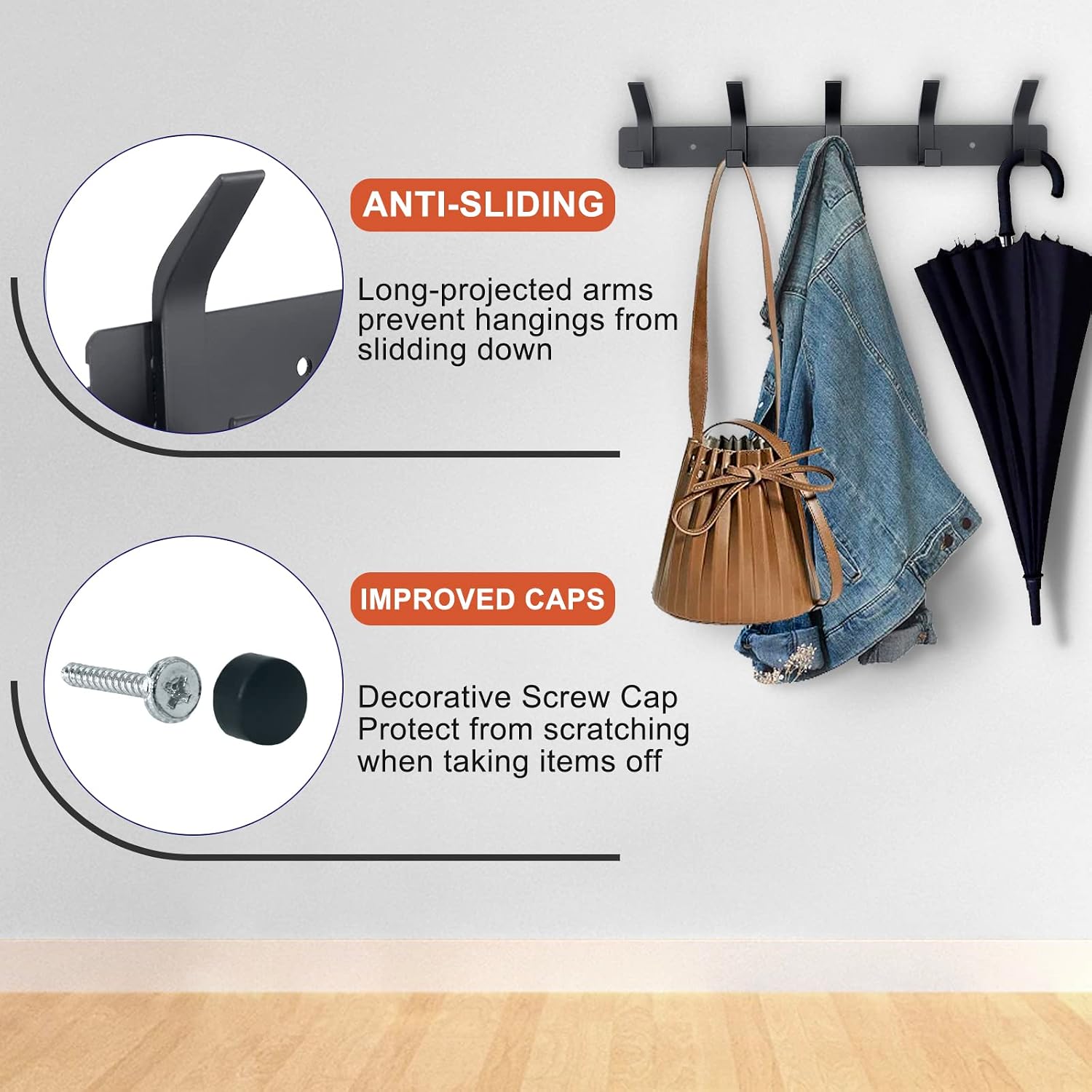 Coat Rack Wall Mounted,5 Coat Hooks for Hanging Coats,Heavy Duty Metal Double Hook Rack Hook Rail,Coat Rack with