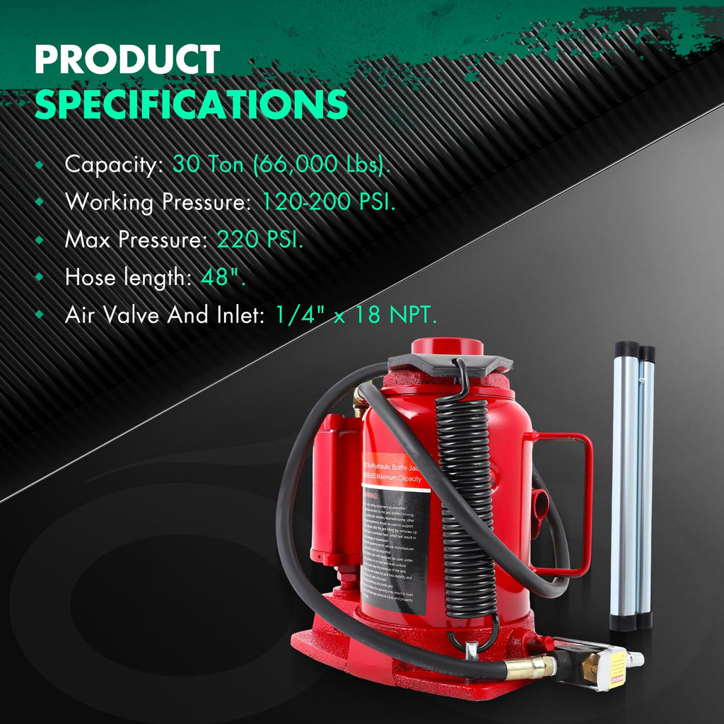 SCITOO 30 Ton Pneumatic Air Hydraulic Bottle Jack with Manual Hand Pump