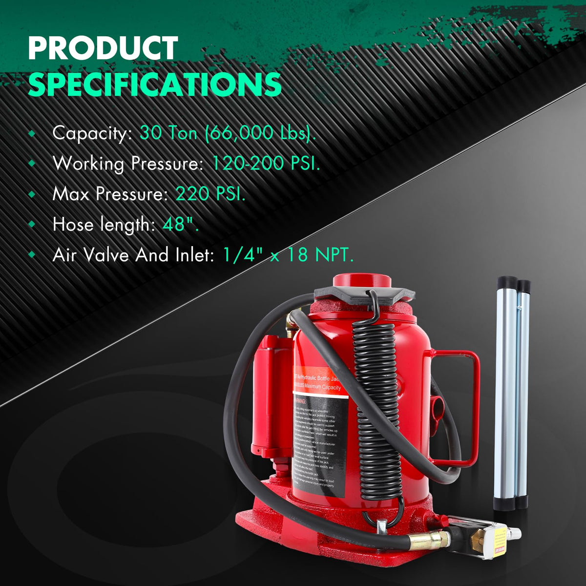 SCITOO 30 Ton Pneumatic Air Hydraulic Bottle Jack with Manual Hand Pump