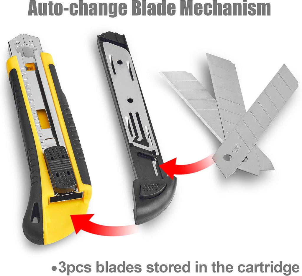 Utility Knife, Box Cutter Retractable,3 Pcs Blades Inside, 3-Pack | 3-pack retractable utility knife, 18mm SK5