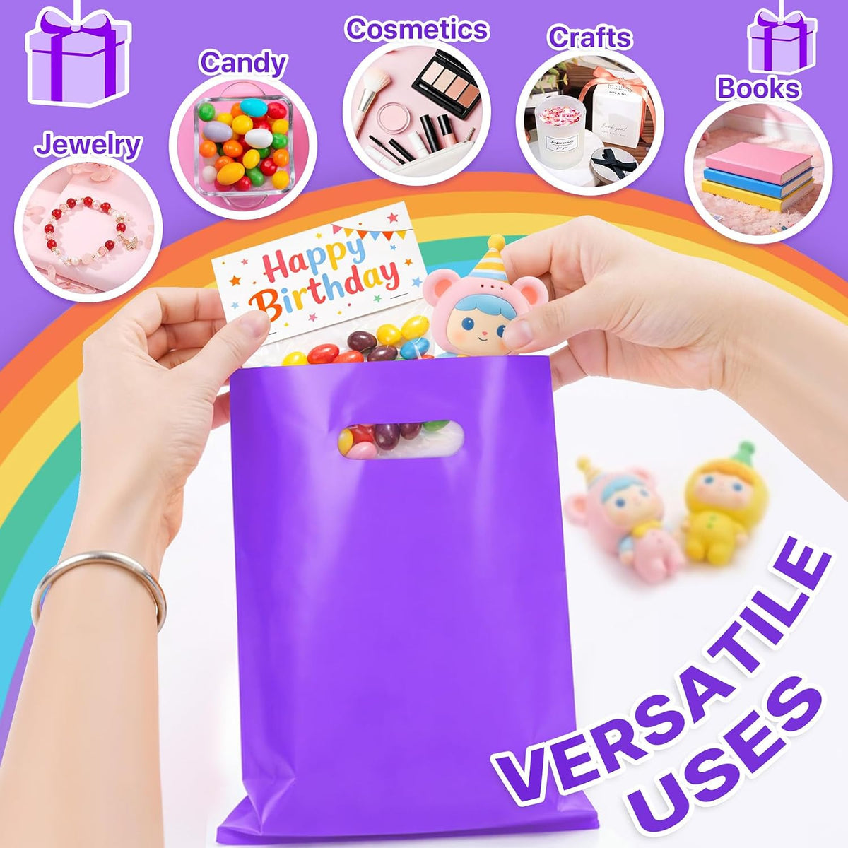 100PCS Purple Party Favor Goodie Bags 8x11, Plastic Gift Bags Bulk