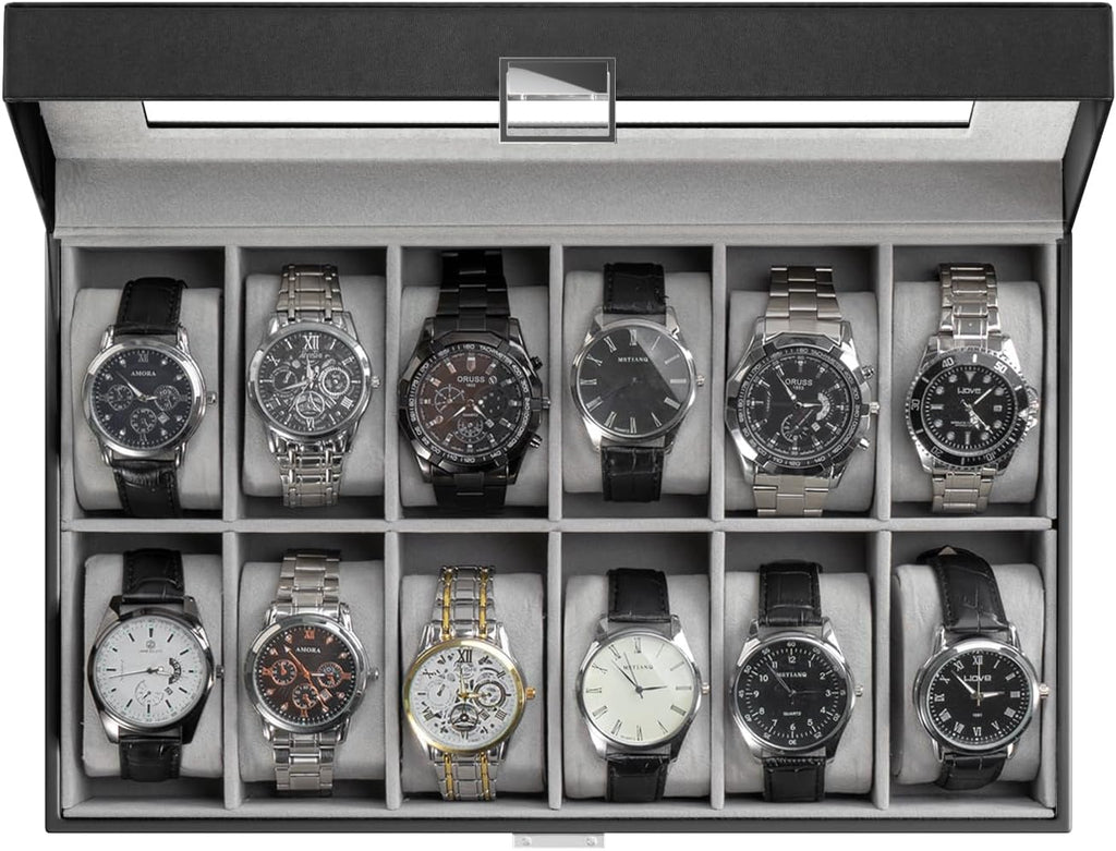 Watch Box Organizer, 12 Slot Watch Display Case, Black | Watches Storage Boxes Holder for Men Women, Large Glass Lid