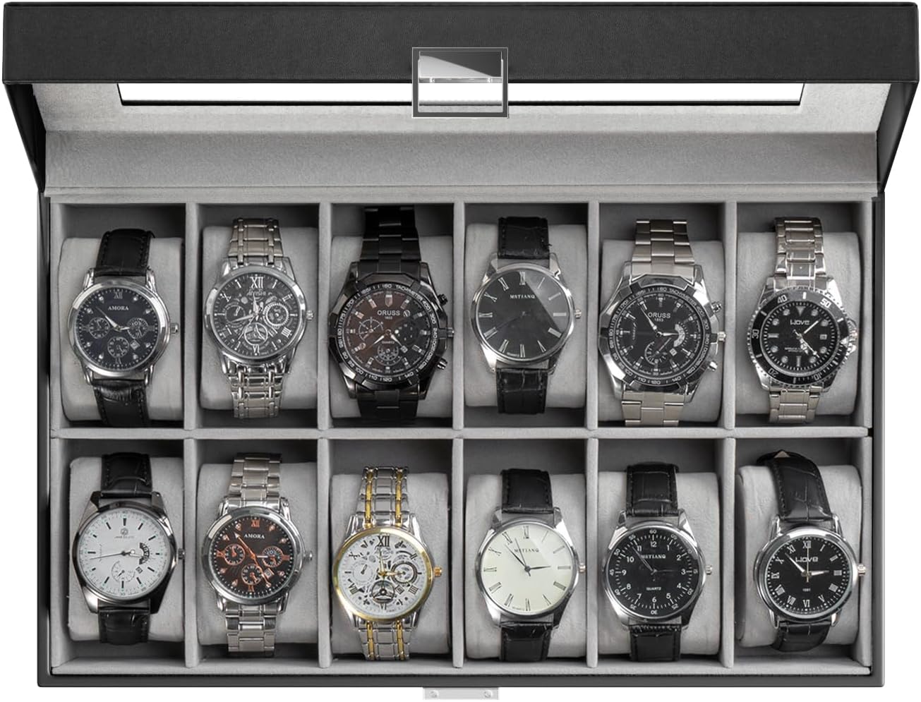 Watch Box Organizer, 12 Slot Watch Display Case, Black | Watches Storage Boxes Holder for Men Women, Large Glass Lid