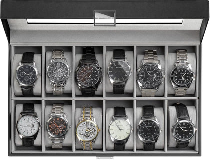 Watch Box Organizer, 12 Slot Watch Display Case, Black | Watches Storage Boxes Holder for Men Women, Large Glass Lid