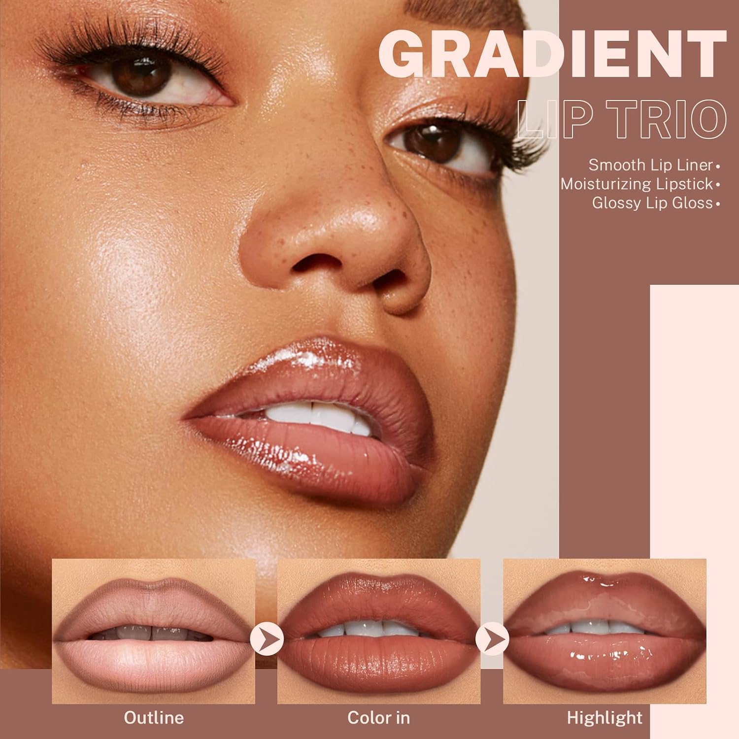 3Pcs Lip Combo Set, Lip Kit with Brown Plumping Lip Liner & Nourishing Lipstick & Nude Glossy Lip Gloss