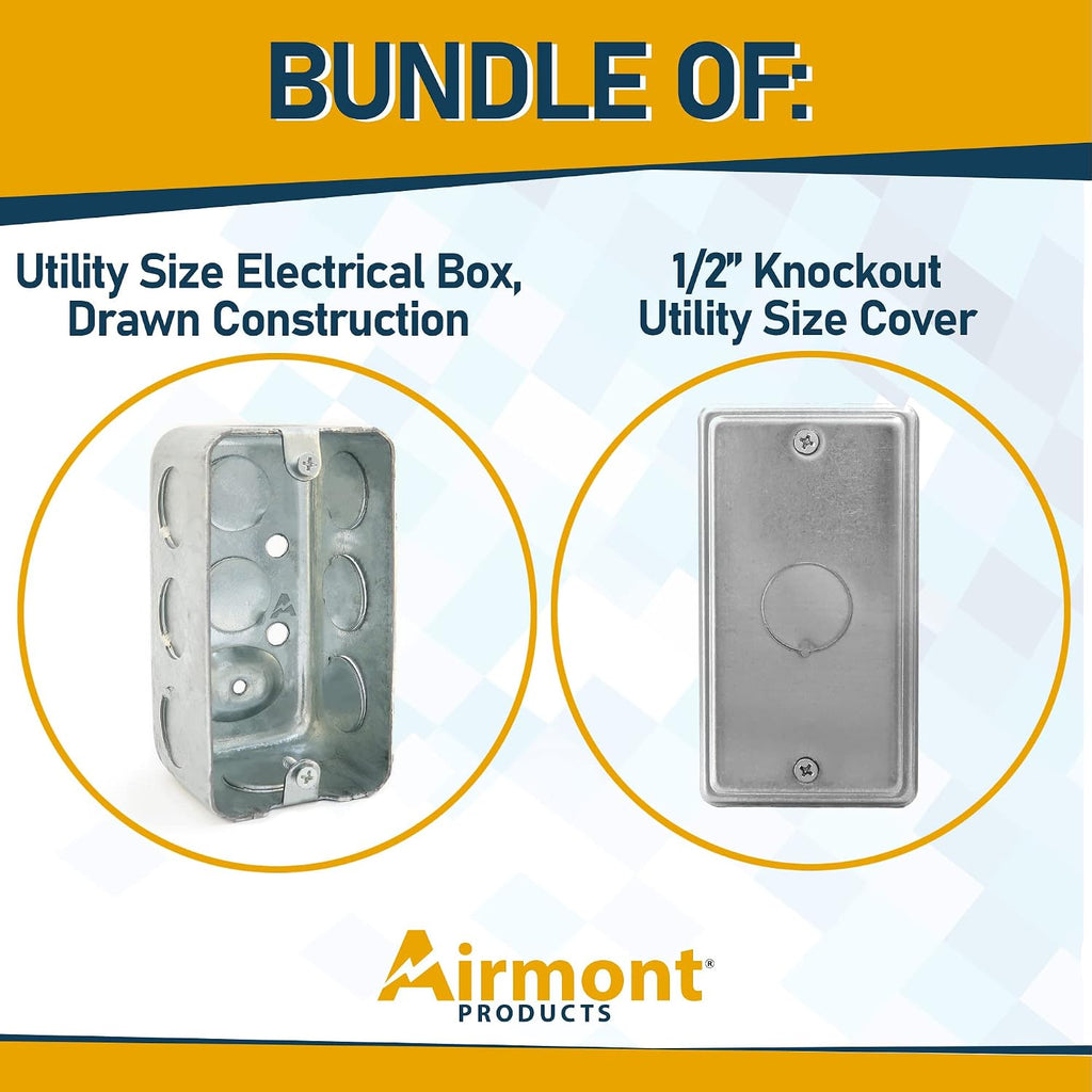 4" x 2" Steel Utility Box Kit, 1/2" Knockout Cover, 13 Cu. in., 1-7/8" Deep