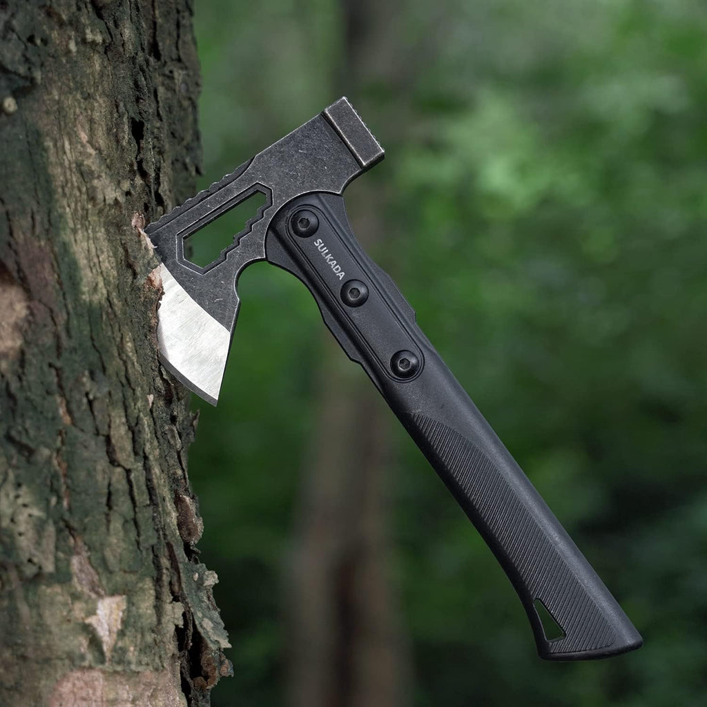 Camping Hatchet, 10.5 Inch Survival Axe,Stainless-Steel Blade,Fiberglass Shock Reduction Handle with Anti-Slip Grip