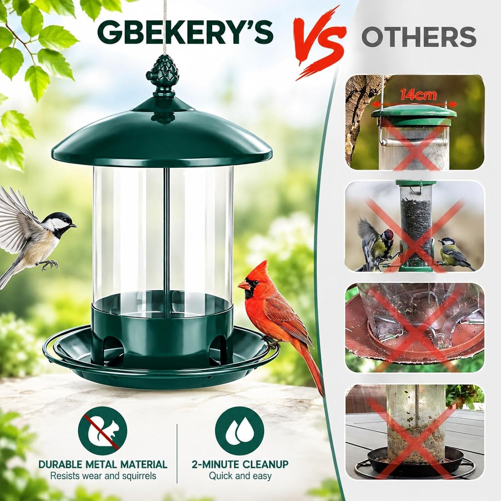 Metal Bird Feeders for Outdoors Hanging, 360° Feeding Tray, Green
