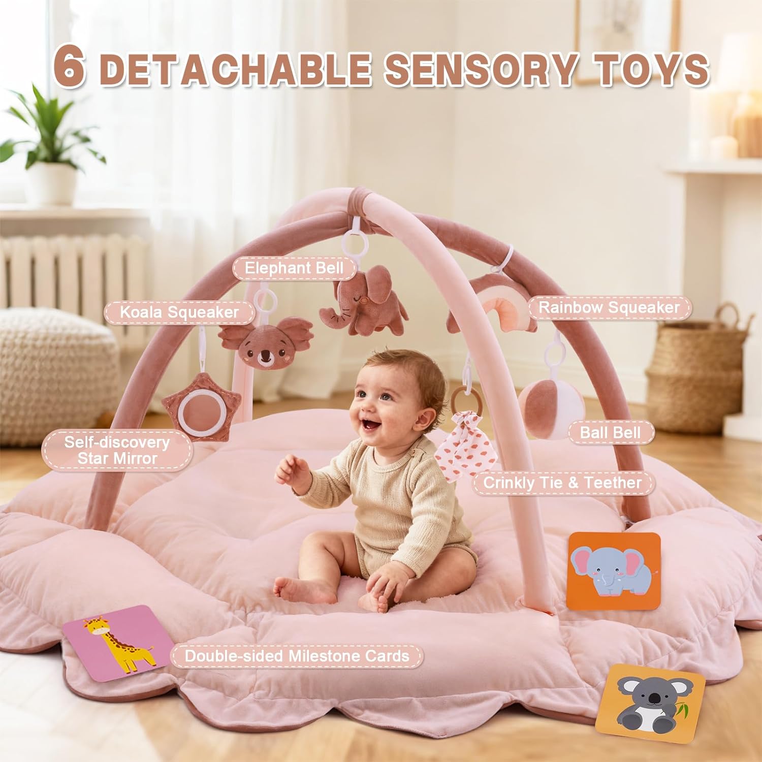5-in-1 Baby Activity Gym & Play Mat with 6 Hanging Toys, Tummy Time Mat & Cards - Extra Large, Reversible Machine