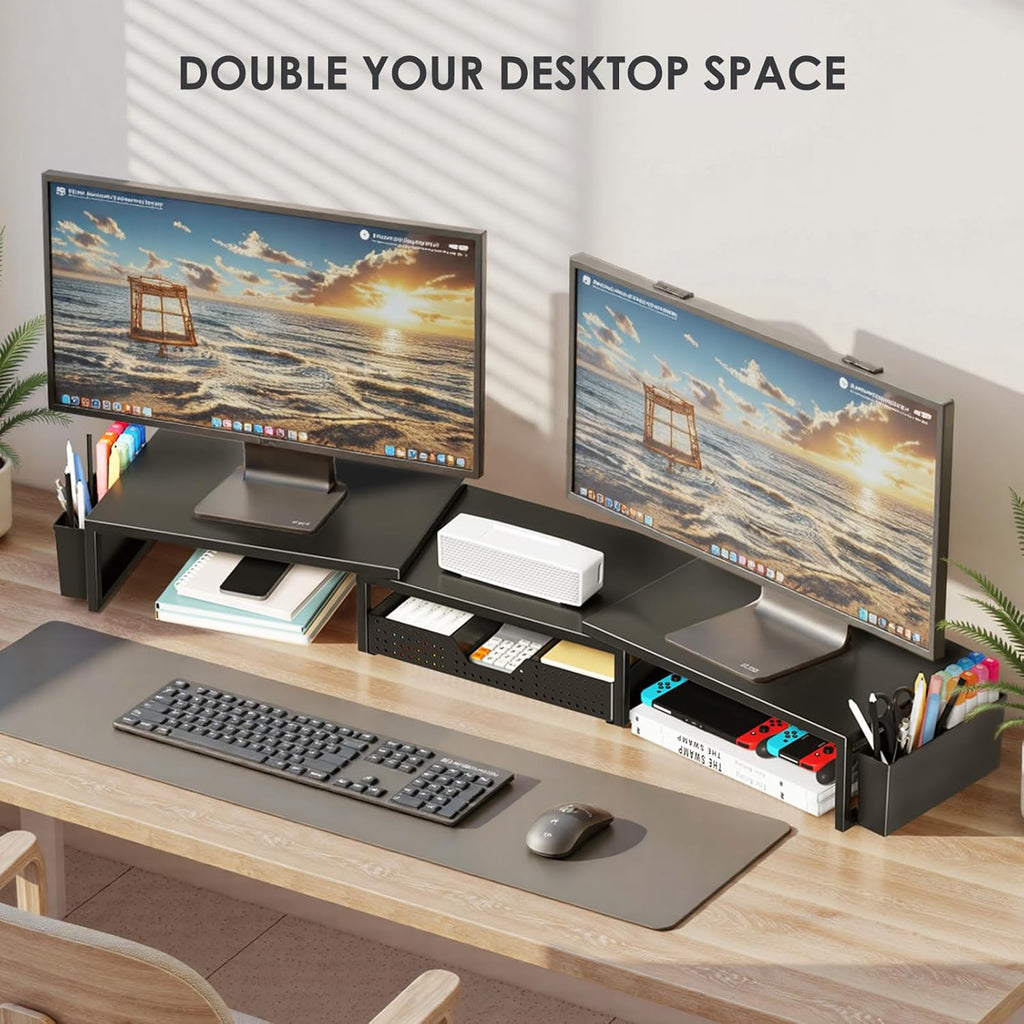 Desk Organizers and Accessories, Dual Monitor Stand Riser with Drawer and 2 Pen Holders, Desk Shelf Metal Computer
