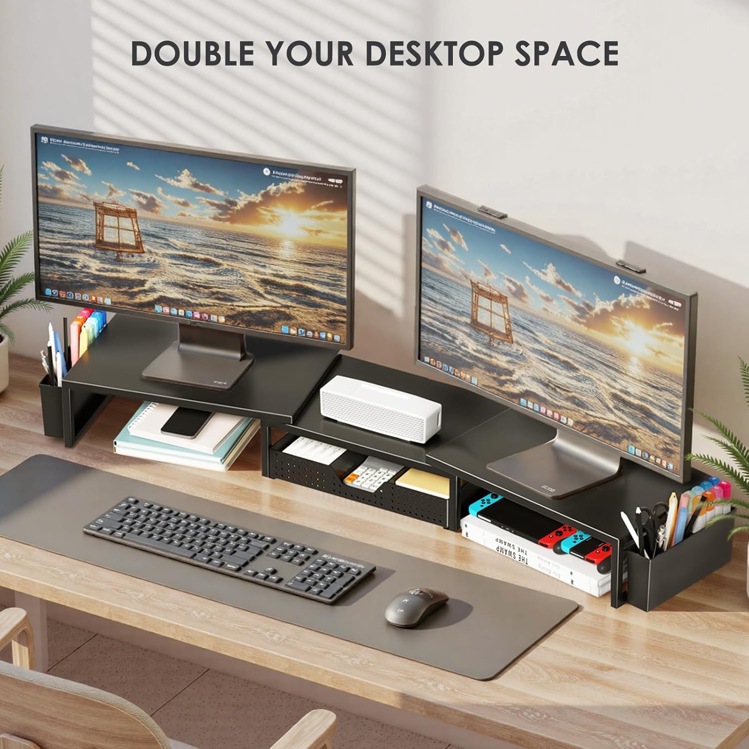 Desk Organizers and Accessories, Dual Monitor Stand Riser with Drawer and 2 Pen Holders, Desk Shelf Metal Computer