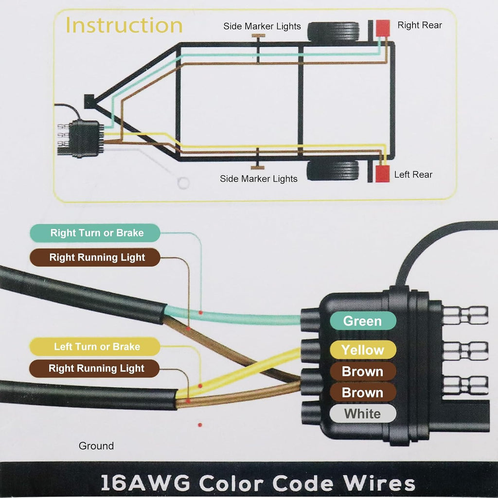 26FT 4 Pin 5 Wire Trailer Wiring Harness, 16AWG Trailer Light Wiring Kit with PVC Jacketed, Waterproof 4 Way Flat 5