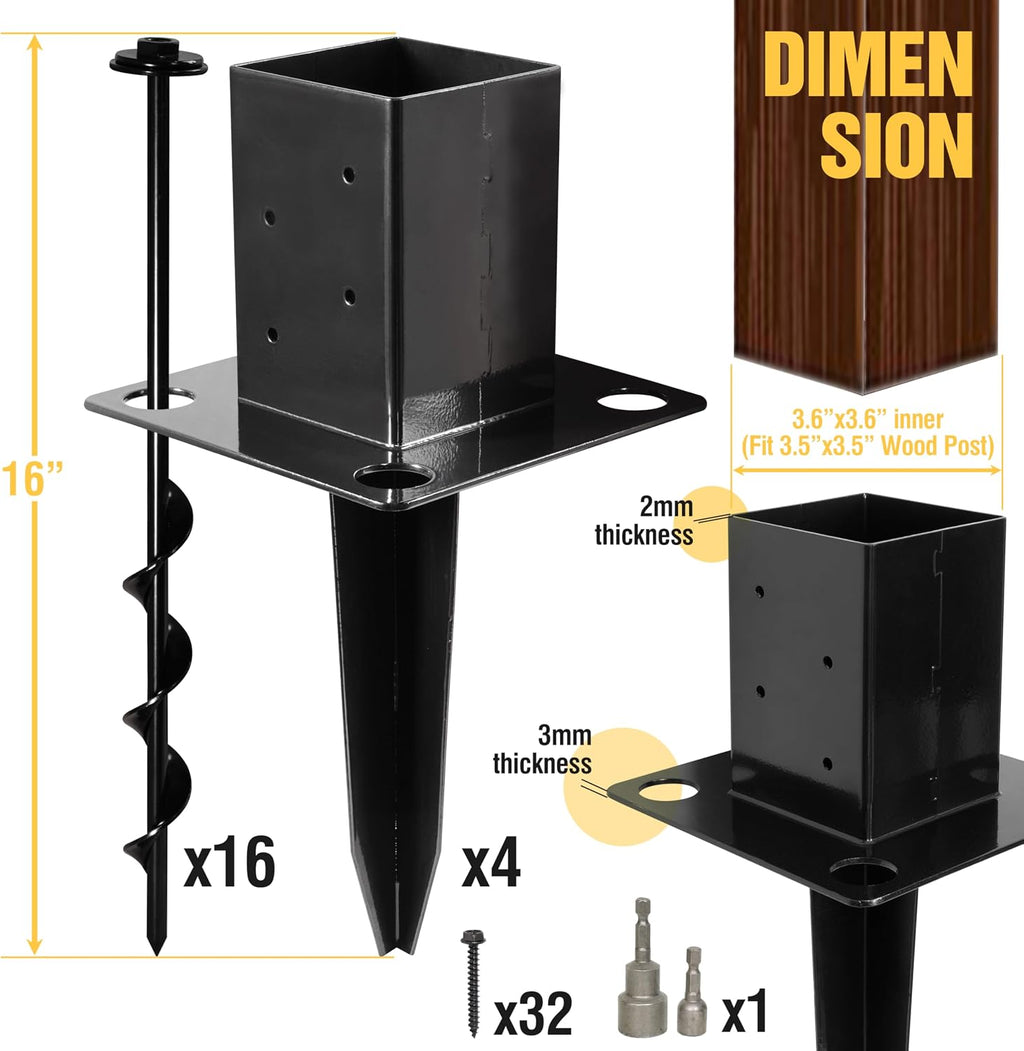 16″ No-Dig 4×4 Ground Spike Post Anchors – Powder-Coated Steel, Includes 4 Corner Screws – Heavy-Duty Ground Anchors