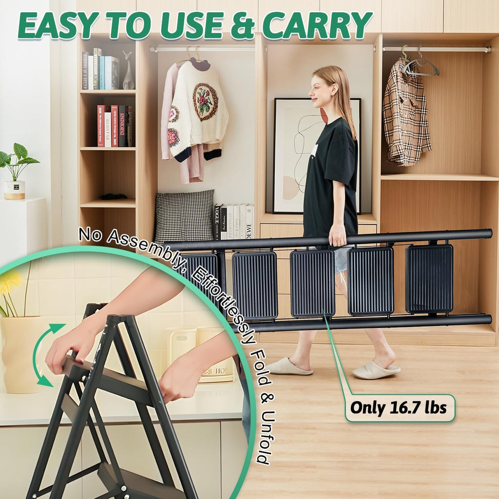 5-Step Folding Ladder for Home Use, Heavy-Duty Step Ladder with Anti-Slip Wide Steps, Portable Foldable Ladder, 330