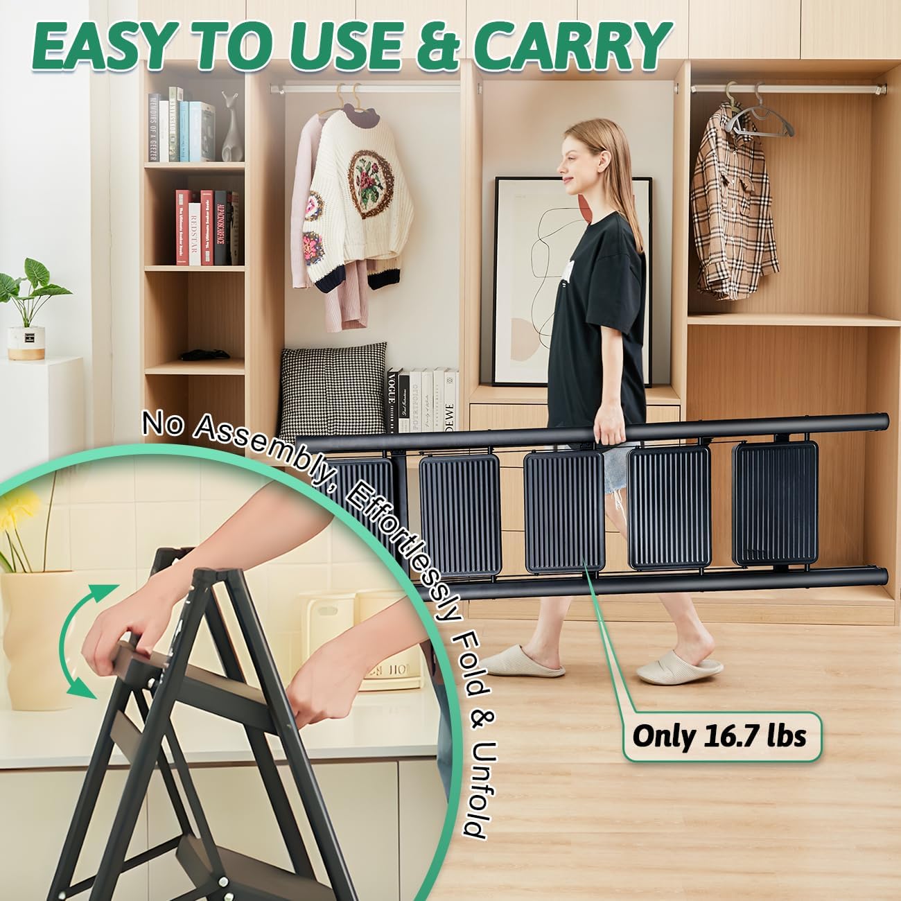 5-Step Folding Ladder for Home Use, Heavy-Duty Step Ladder with Anti-Slip Wide Steps, Portable Foldable Ladder, 330