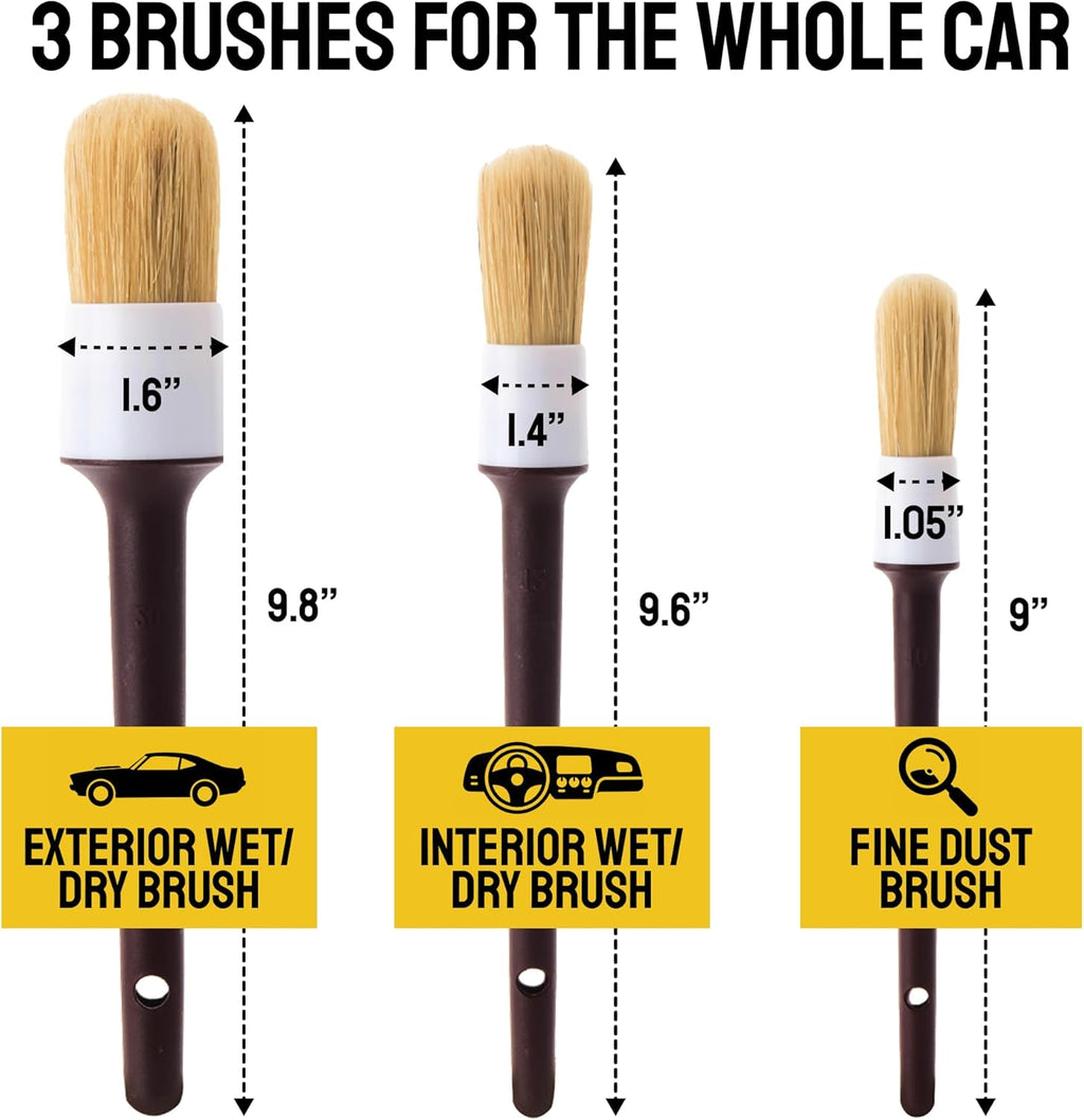 Car Detailing Brush Set 3-Pack - Soft Boar Hair Interior & Exterior Detailing Kit - Car Interior Cleaning Brushes for