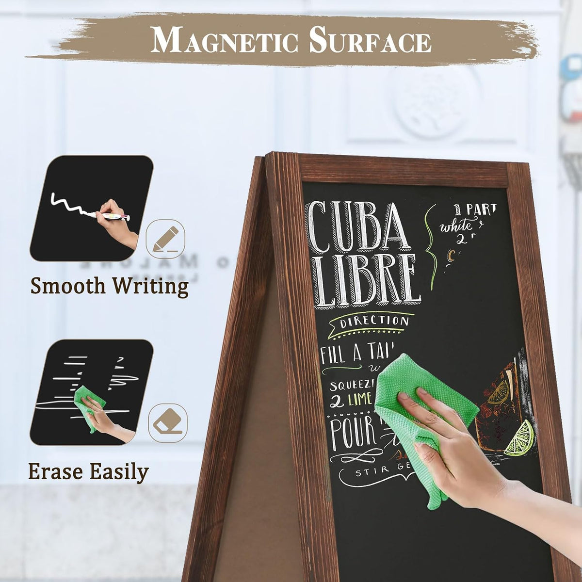 Double-Sided Magnetic 40" x 20" Brown Chalk Board Sign Board | Wooden A-Frame Sign, Sandwich Board Signs Outdoor
