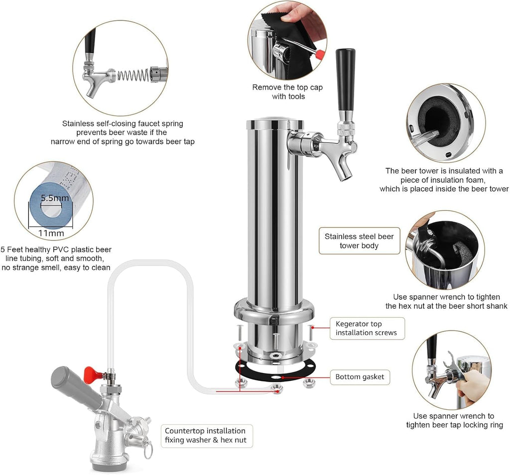 Kegerator Tower Single Tap Beer Tower with Self-Closing Beer Faucet