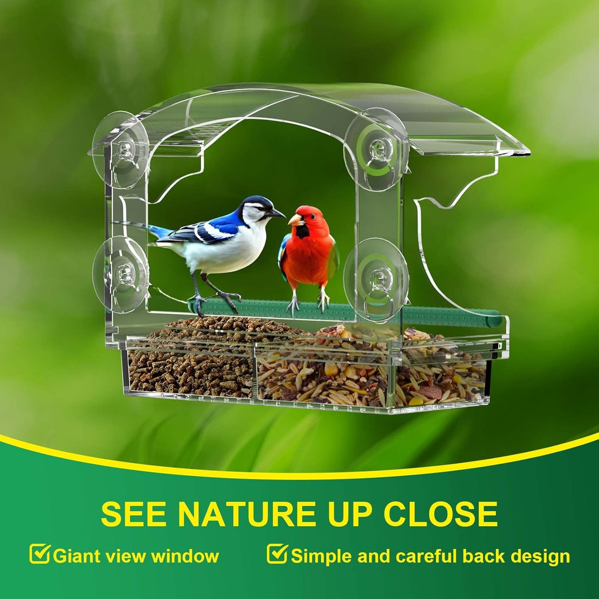 Clear Acrylic Window Bird Feeder for Outside with 4 Strong Suction Cups and Detachable Seed Tray, Highly Transparent