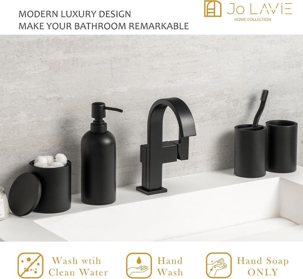 Bathroom Accessory Set - 4 Pcs Matte Black Bathroom Set with Toothbrush Holder, Soap Dispenser, Tumbler & Cotton Swab