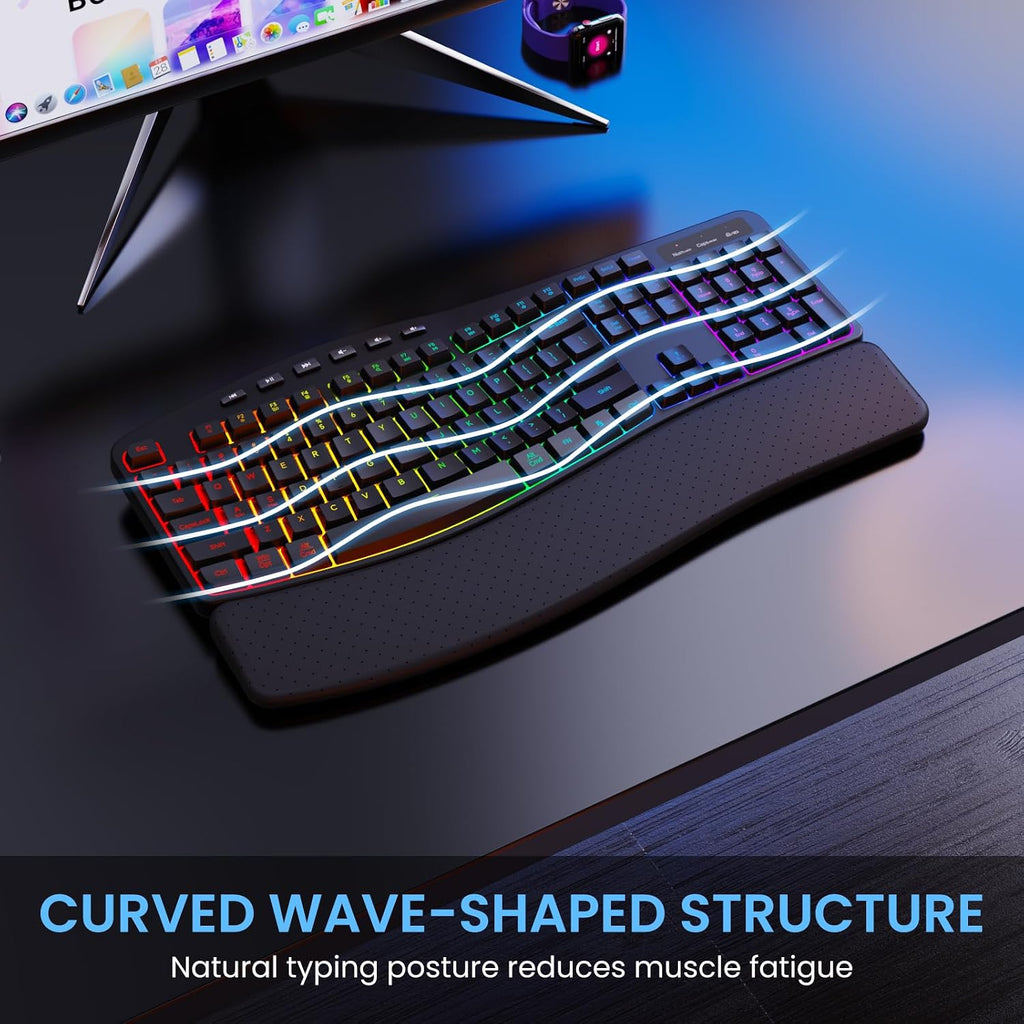 RGB Wireless Keyboard Mouse Combo with Ergonomic Wave, Silent Rechargeable | Soft Leather Wrist Rest, Light up