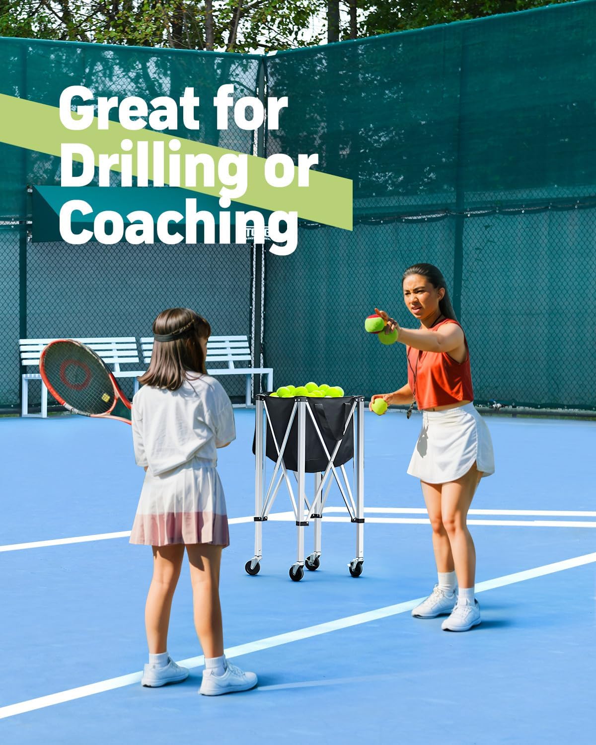 Tennis Ball Hopper Holds 150 Balls, Tennis Cart with Black/Red Bag