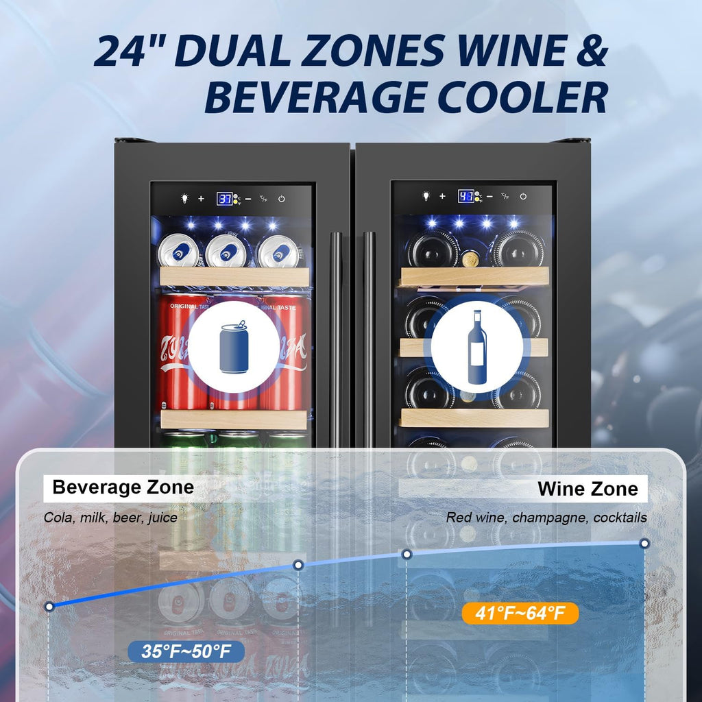 24" Dual Zone Wine and Beverage Refrigerator Quiet Black