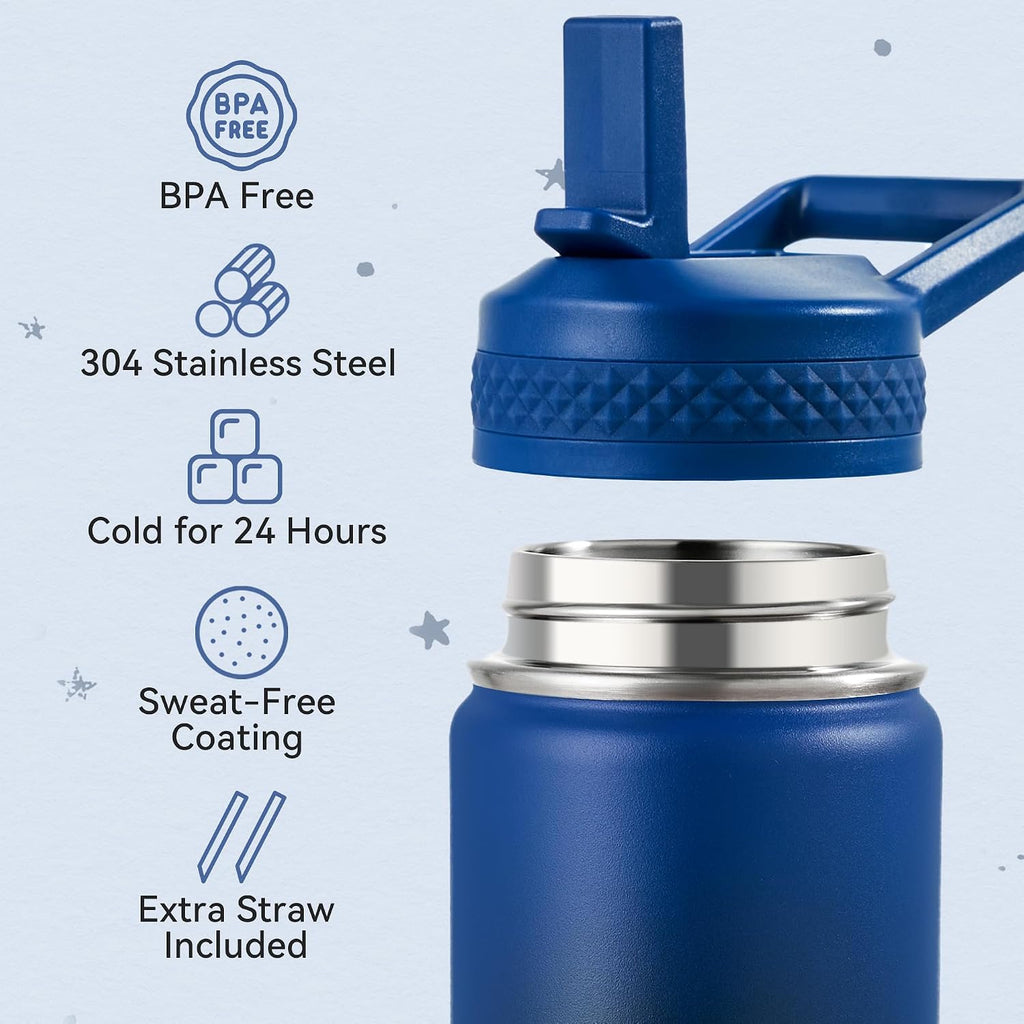 12 oz Kids Water Bottle, Toddler Water Bottle with Straw, Boys&Girls Bottle for School, 304 Stainless Steel Vacuum