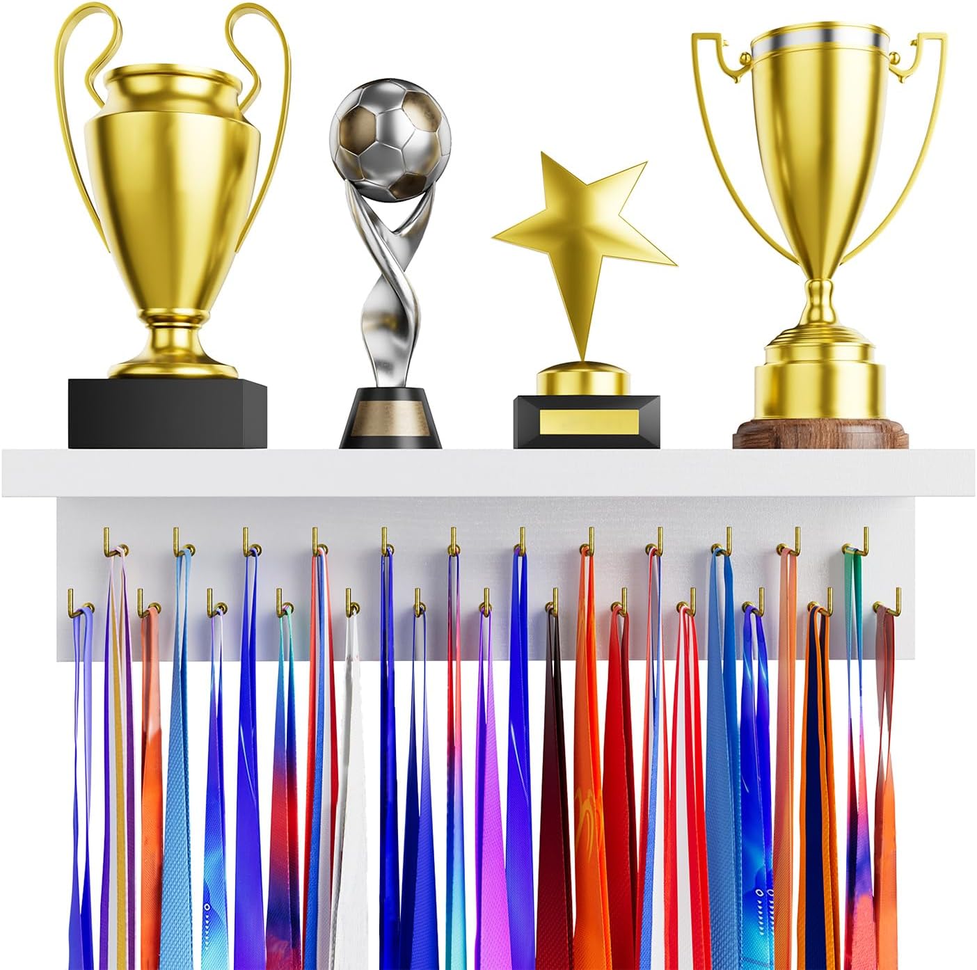 Medal Holder Display Trophy Shelf Organizer, Sturdy Wooden Race Award Hanger Rack with 25 Steel Hooks, Wall Mount