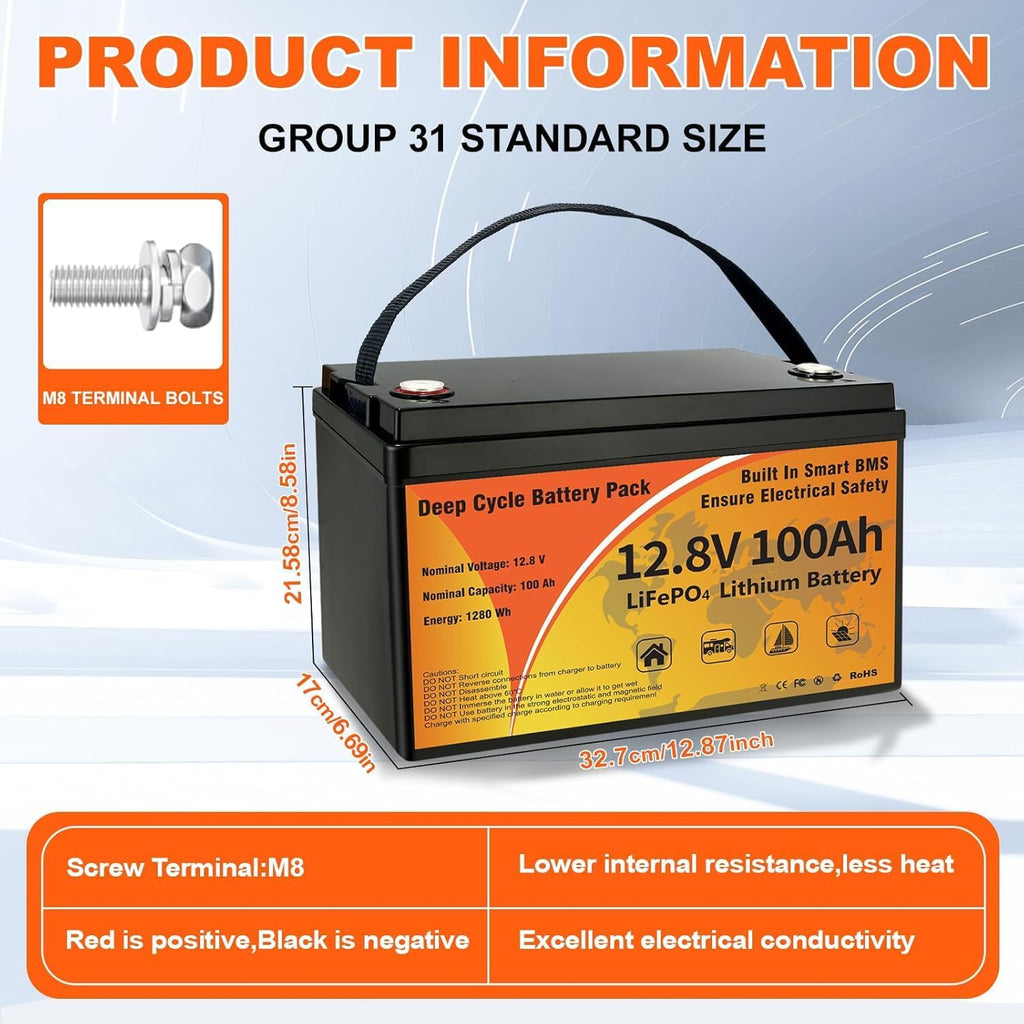 12V 100Ah LiFePO4 Battery, 1280Wh Lithium Battery Group 31 Smart 100A BMS, 15000+ Deep Cycles 10-Year Lifespan Low