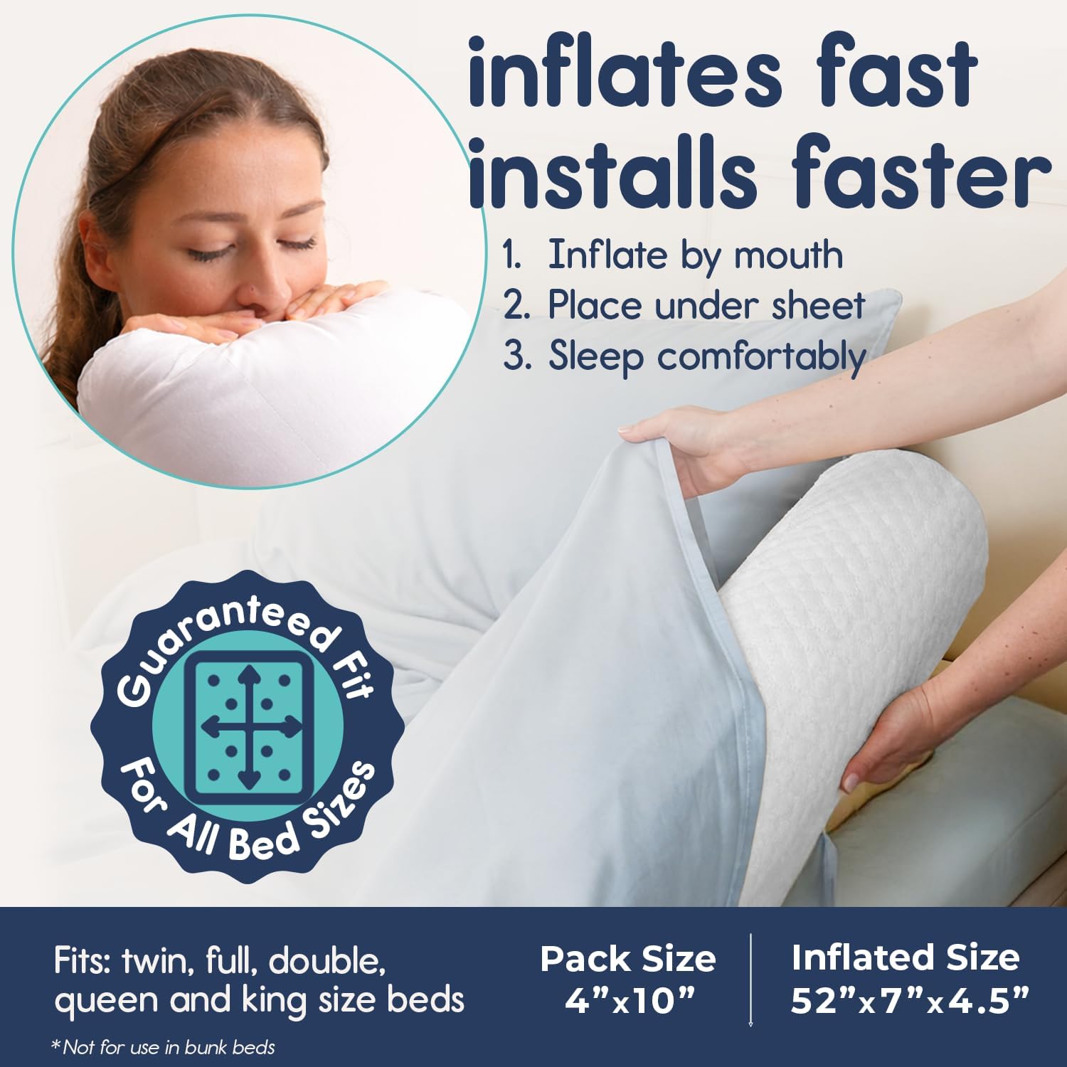 [2-Pack Inflatable Bed Rail for Toddlers | Portable, Blow-up Bed Bumper for King, Queen, Full, with Non-Slip