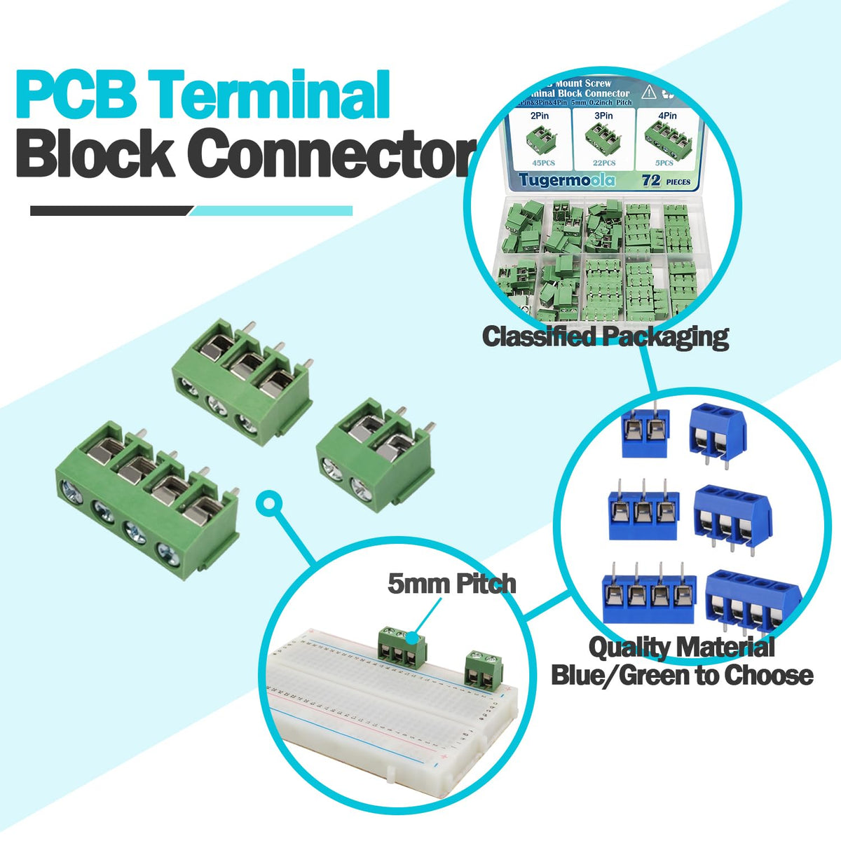 Tugermoola 72PCS 5mm/0.2inch 2Pin 3Pin 4Pin Pitch PCB Mount Screw Terminal Block Connector Assortment Kit PCB Board Wire Connectors Green